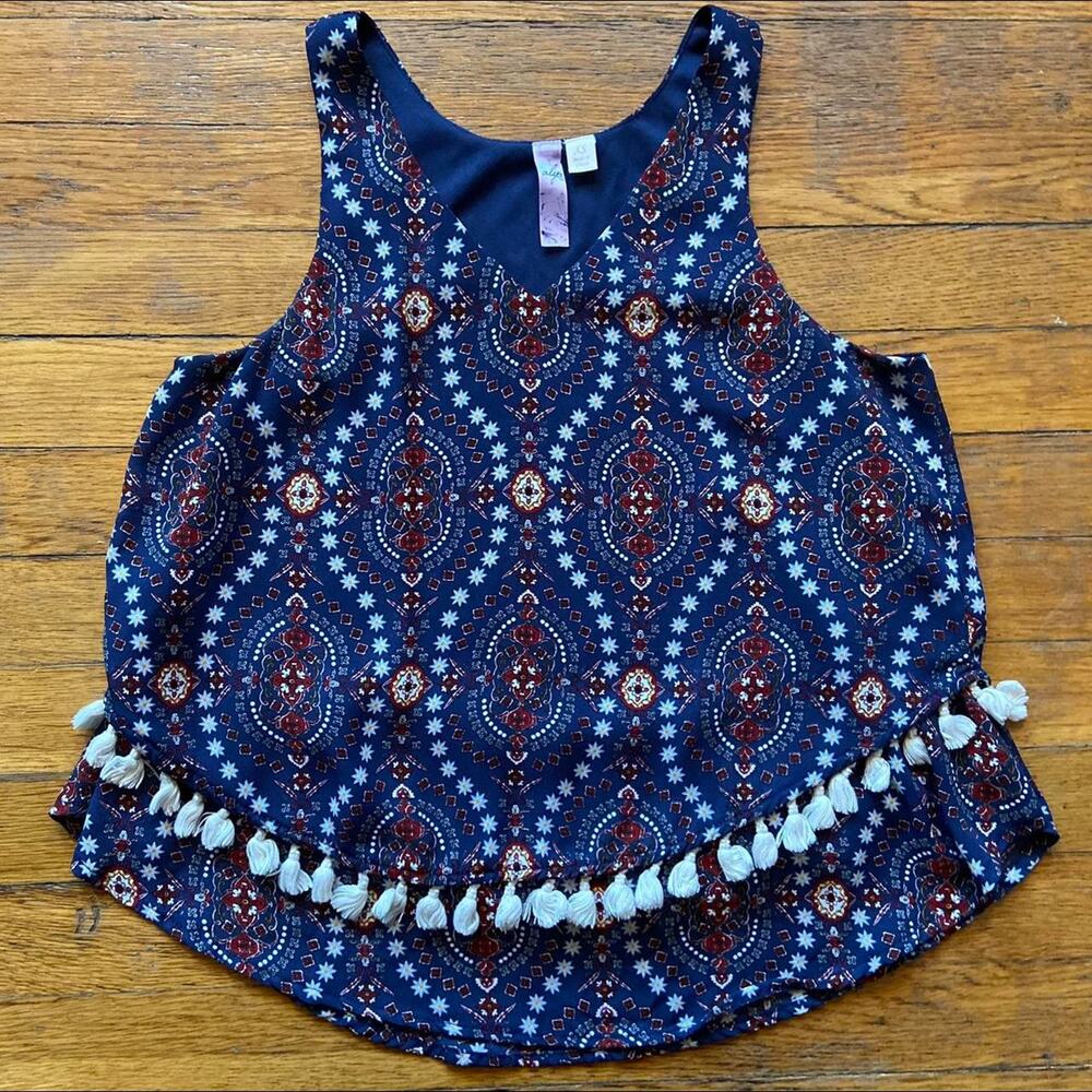 ALYA Navy Blue Floral Layered V-Neck Top w/Tassels sz X-Small - Picture 4 of 8